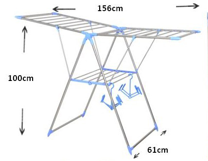 Drying rack specification: Open Size:156×61×100cm Material: SS + carbon steel Tube Size:Ø19/9mm×0.5mm Packing: Shink + caps /set, 6set/ctn G/N Weight:3.0kgs/set Carton Size:108×46×62cm=0.308CBM